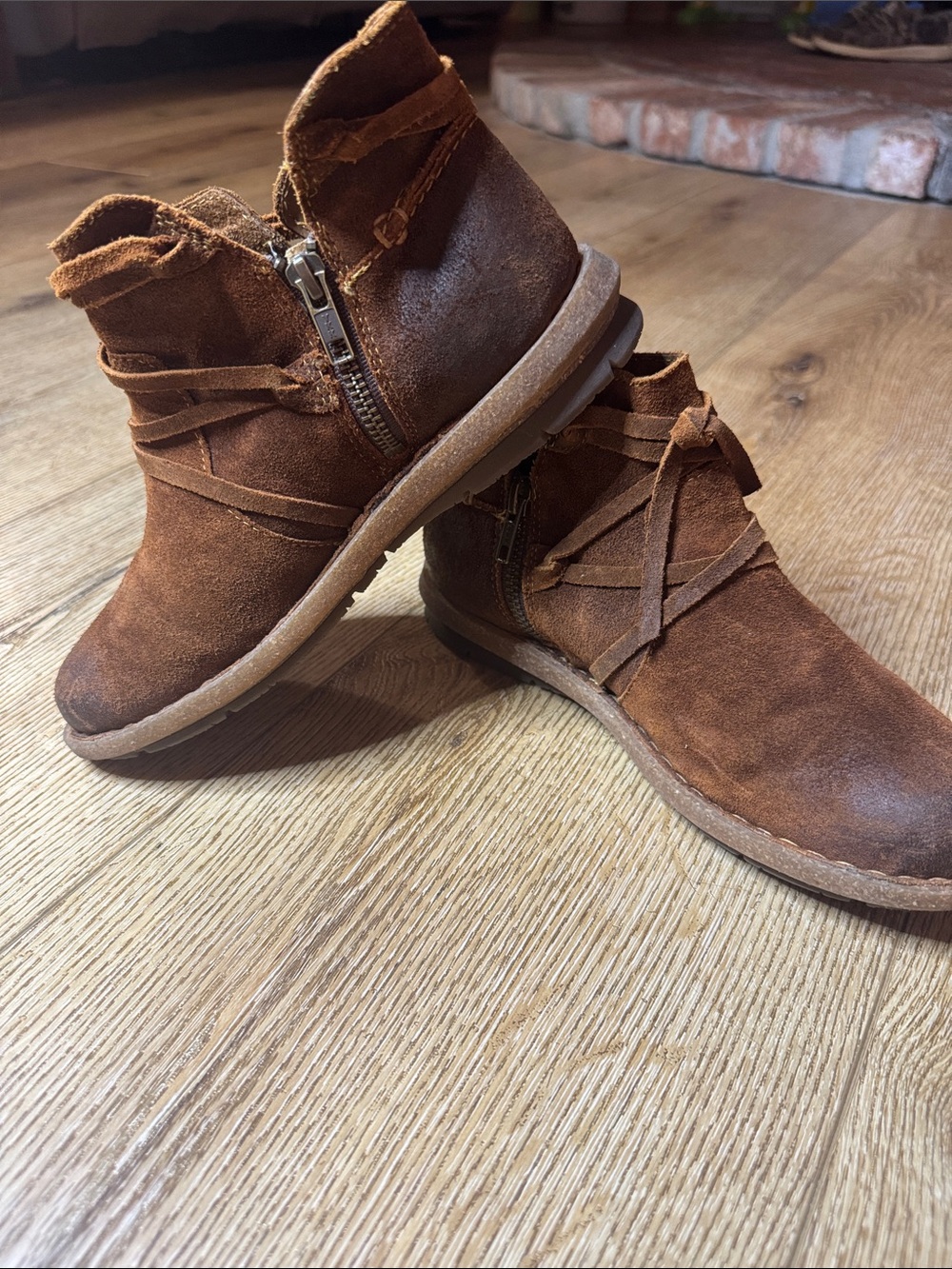 Born Chestnut Suede Leather Ankle Boots with Wrap Strap & Side Zip